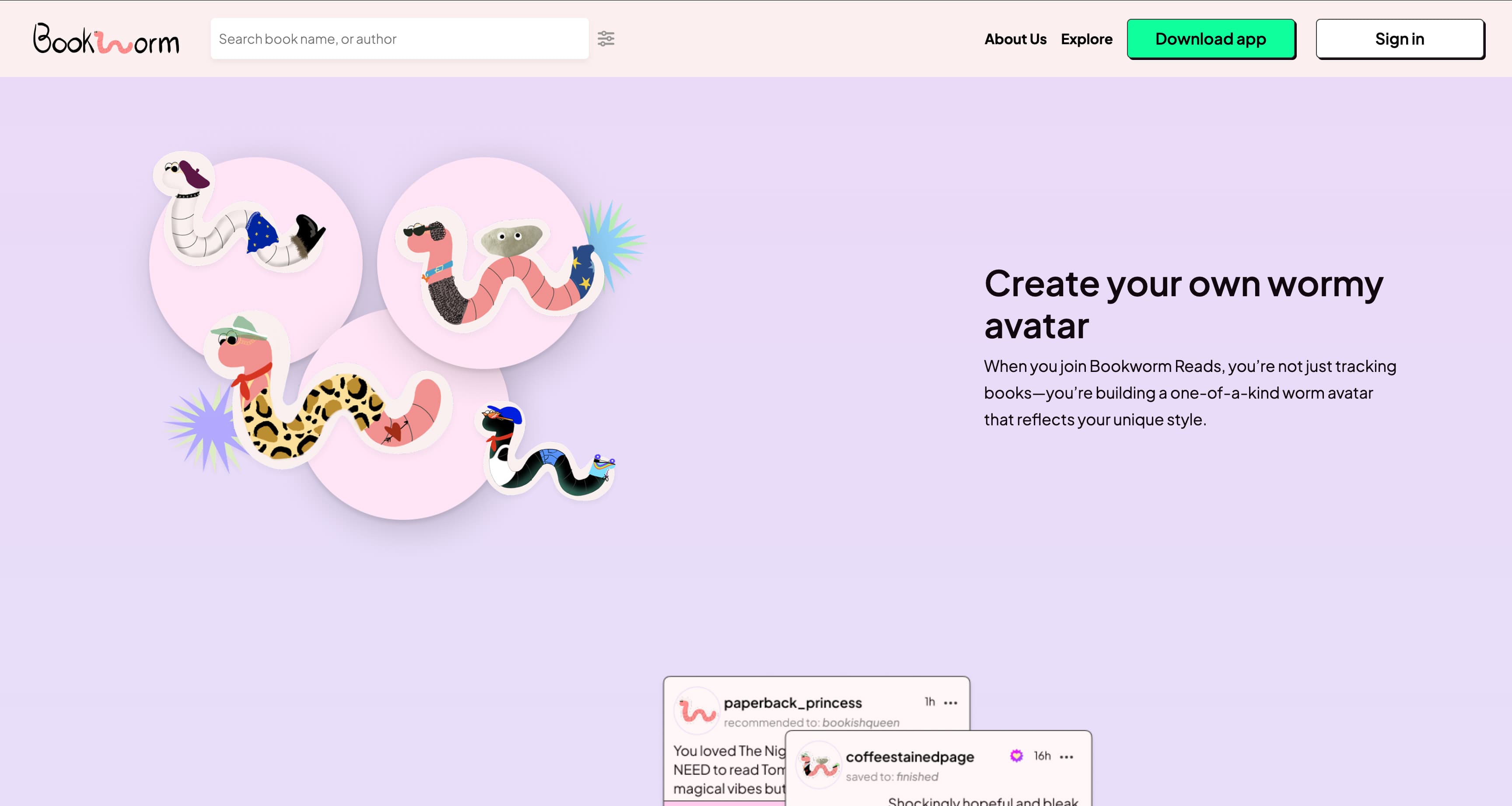 Bookworm Reads page about creating a worm avatar, showing four illustrated worm avatars.