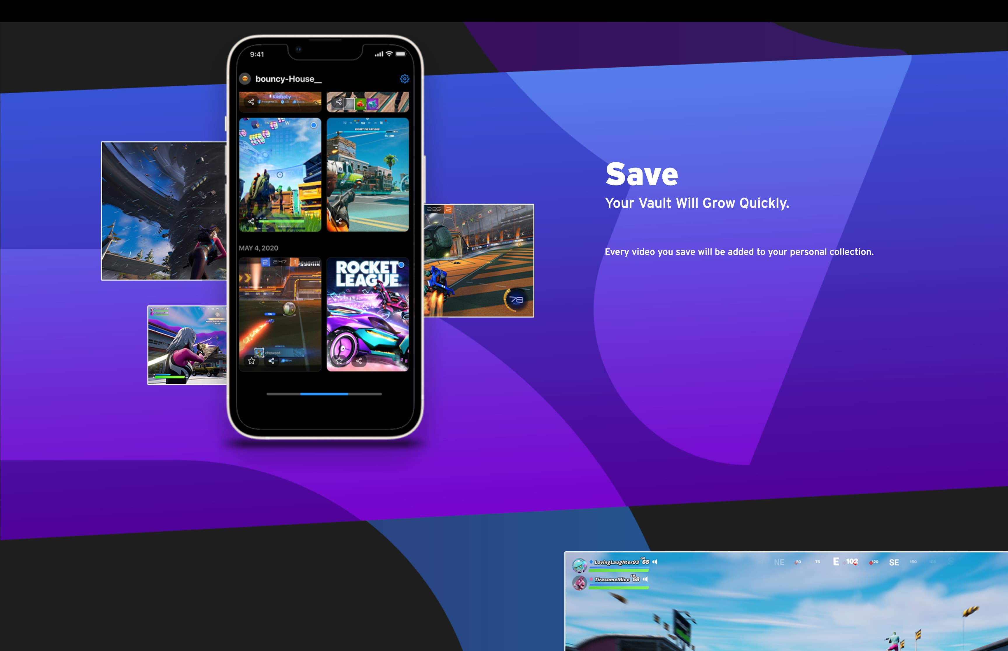 Epic’s Postparty promotion page section titled Save, with a phone showing a grid of saved gameplay clips.