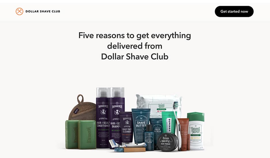 Dollar Shave Club marketing landing page, Five reasons to get everything delivered, with a spread of grooming products.