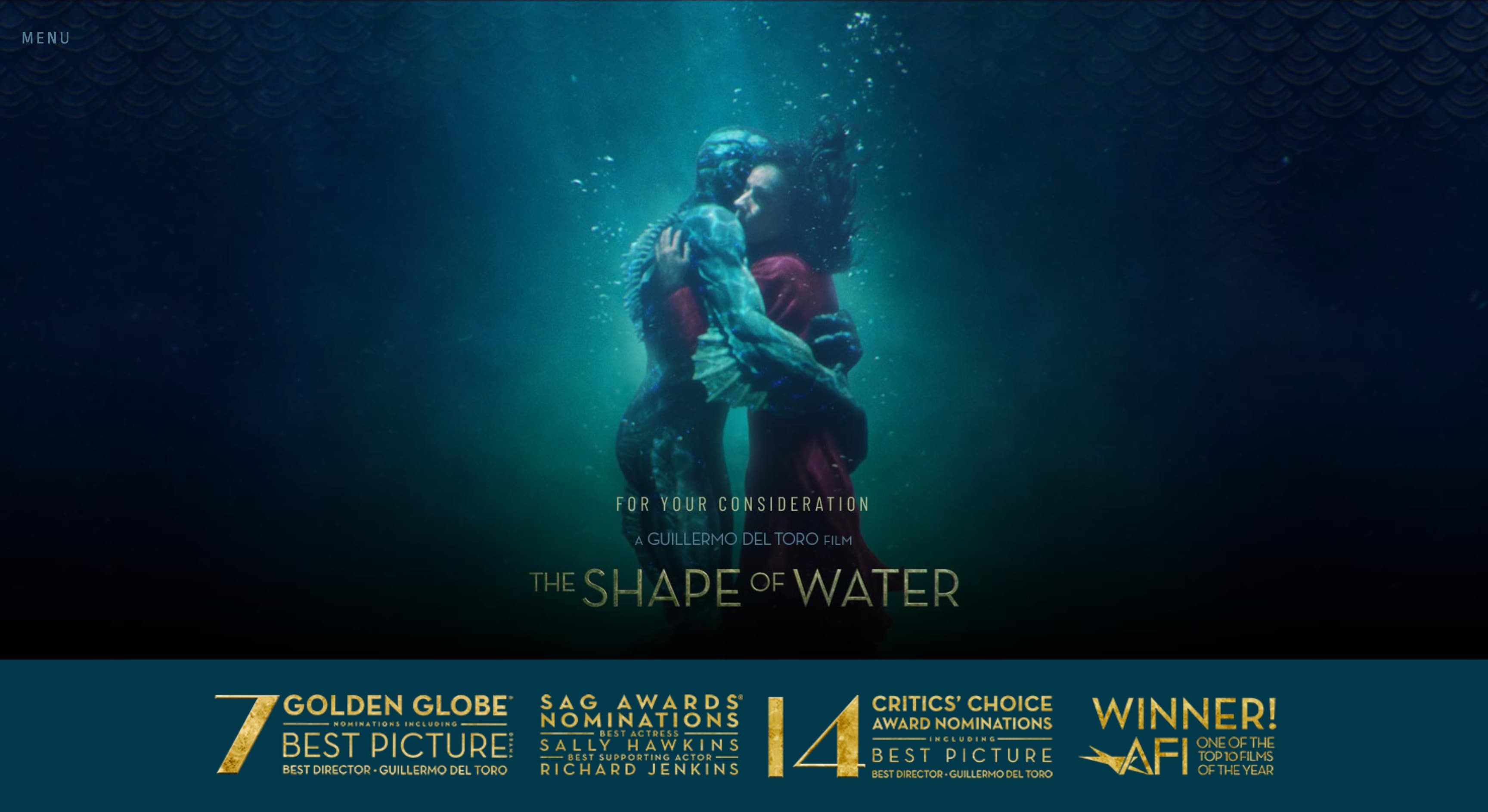 The Shape of Water campaign site hero with the film’s key art and award nominations.