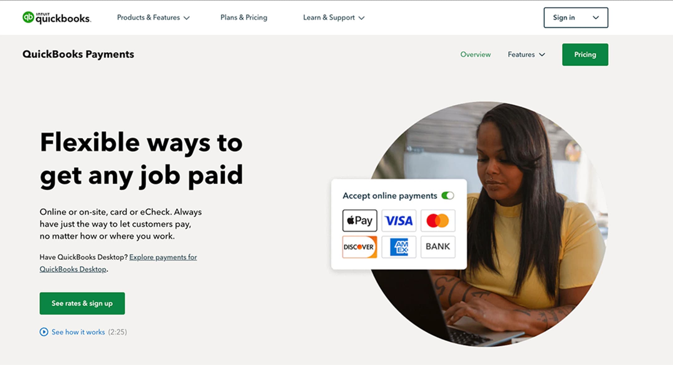 QuickBooks Payments landing page with the headline Flexible ways to get any job paid.