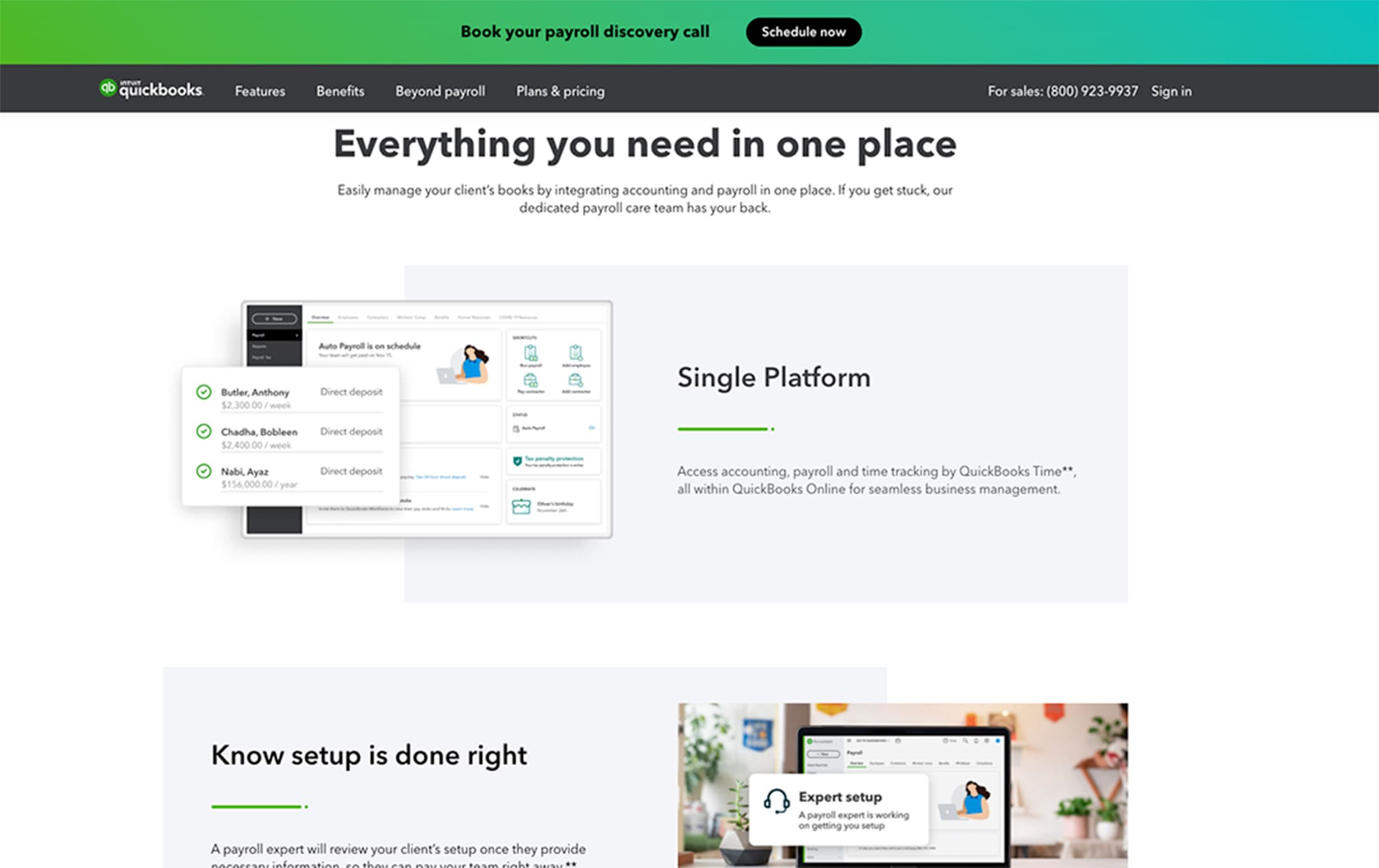 QuickBooks payroll page section titled Everything you need in one place, with Single Platform and Expert setup features.